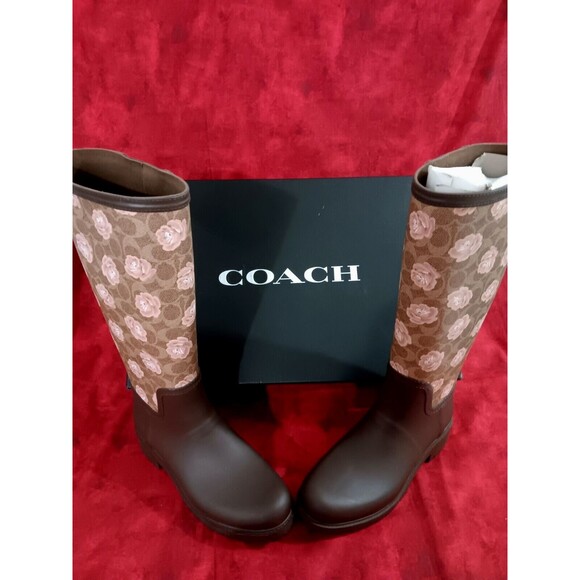 Coach Rain Boots Size 10B Tan & Dark Brown With Pink Floral Print NOB - Picture 6 of 9